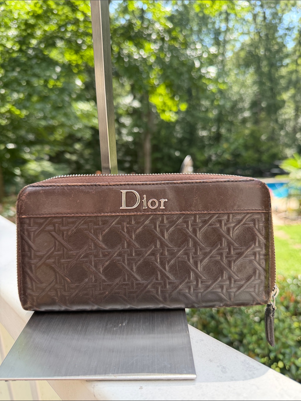 Dior Authentic Dark Brown Embossed Leather Zip Around Wallet